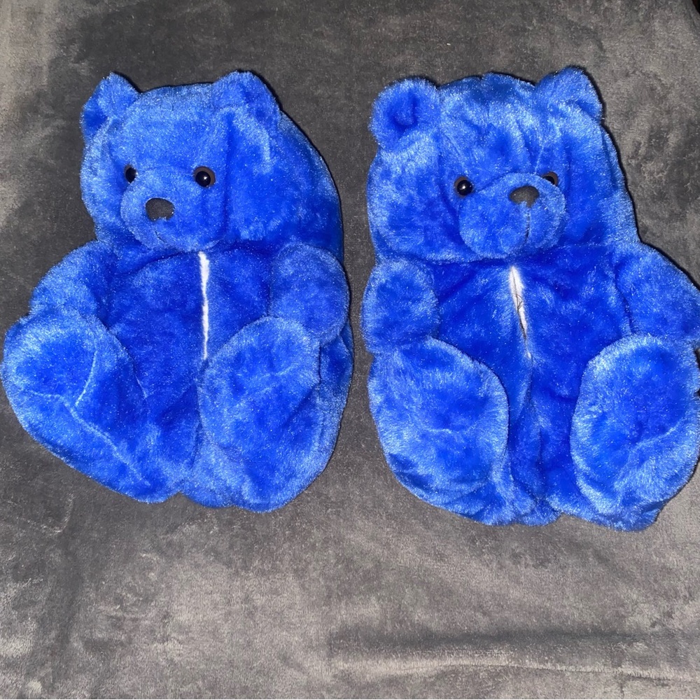 Blue plush bear slippers